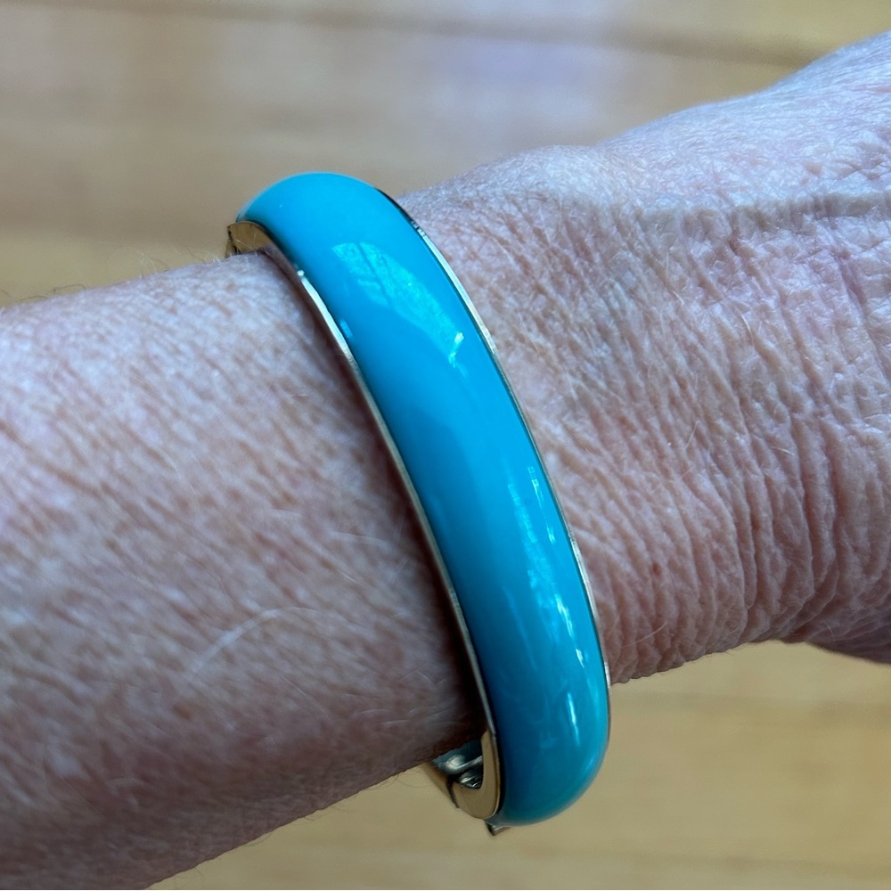Enamel-like Turquoise Blue and Silver Bangle Bracelet - Picture 2 of 7
